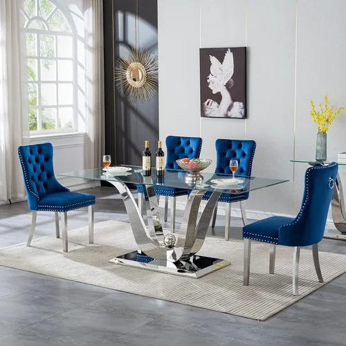 Miniatura 17 de Mesa de comedor moderna de vidrio de 70 pulgadas para 6-8, mesa de comedor de cristal dorado de lujo con base de acero inoxidable en forma de flores
