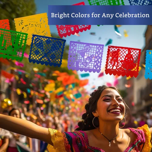 Miniatura 4 de Pancartas de fiesta mexicana (paquete de 5 con 10 banderas de plástico por bandera), papel picado mexicano para fiesta, papel picado de plástico