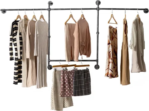 Miniatura 5 de Perchero industrial de pared, barras de tubería de ropa resistente, perchero estilo tubería con cuatro varillas para colgar para el hogar