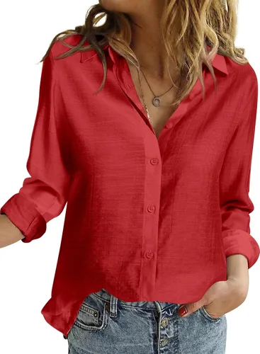 Miniatura 7 de Camisas de trabajo de lino con botones para mujer, blusas sólidas de manga larga