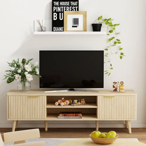 Miniatura 6 de SHGJ&SOFT Soporte de TV para 60/65 pulgadas, centro de entretenimiento bohemio moderno de mediados de siglo con 2 gabinetes y estantes abiertos, De