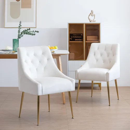 Juego de 2 sillas de comedor modernas, sillas de mediados de siglo con cojines de 5.12 pulgadas y patas doradas, sillas de comedor tapizadas de