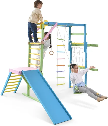 Miniatura 11 de Avenlur Grove 8 en 1 - Gimnasio de la selva interior con anillos de gimnasia, cuerda de escalada, columpio, tobogán, barras de mono, red de pared