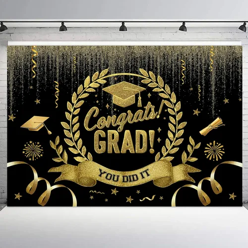 Miniatura 8 de Telón de fondo de graduación de 5 x 3 pies para sesión de fotos, globos negros y dorados, felicitaciones, graduados, clase de 2025, felicitaciones