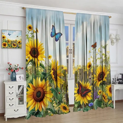 Miniatura 4 de Sunflower Curtains for Living Room Bedroom, Spring Nature Blue Sky and Butterfly Window Drapes, Rustic Wooden Fence Floral Botanical Decor, 2 Panels