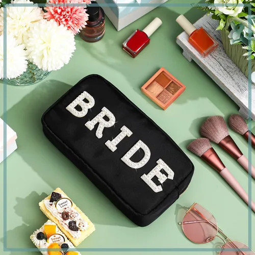 Miniatura 4 de Bolsa de maquillaje de nailon para novia, bolsa de aseo de viaje para cosméticos, bolsa de regalo de compromiso, con diamantes de imitación