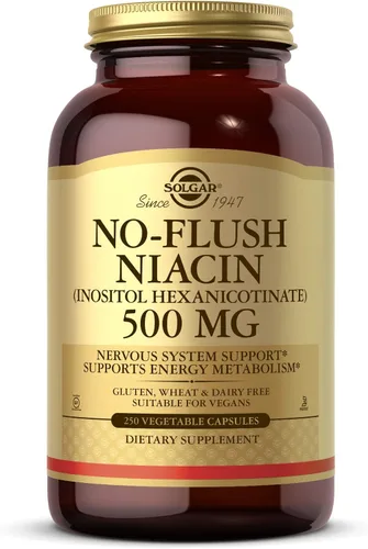 Solgar Niacina sin enjuague de 500 mg, 250 cápsulas vegetales - Apoyo cardiovascular - Apoya el metabolismo energético - Entrega sin enjuague -