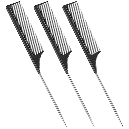 Miniatura 2 de Paquete de 3 peines de cola de rata, resistente al calor, peine de dientes finos de fibra de carbono para separación y burlas del cabello de cola
