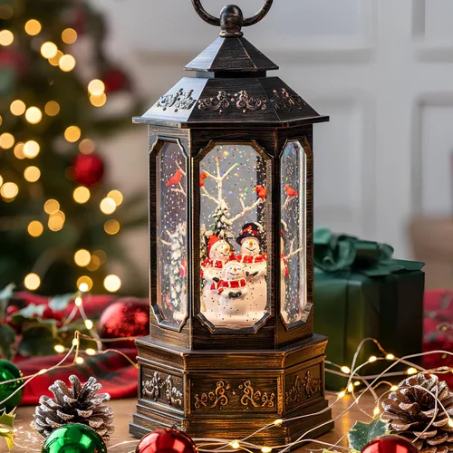 Miniatura 21 de Globo de nieve de Navidad con agua brillante de muñeco de nieve con música y temporizador, linterna iluminada con pilas para regalos de decoración