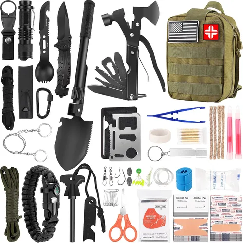 Miniatura 10 de Kit de supervivencia y de primeros auxilios, equipo de supervivencia profesional con bolsa de transporte para hombre, padre, esposo que gusten Caqui