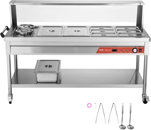 Miniatura 9 de VEVOR Calentador de alimentos comercial, mesa de vapor eléctrica de 8 bandejas + 2 ollas, calentador de alimentos profesional de 1800W para buffet