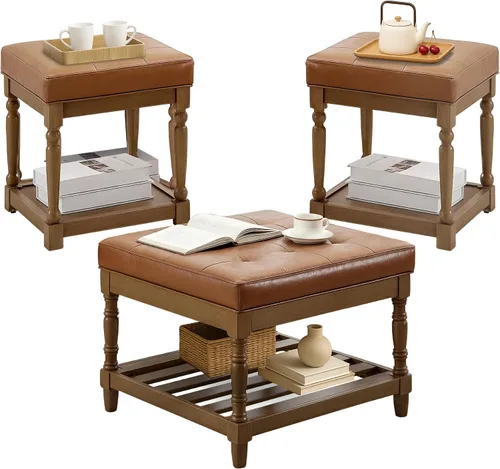 Miniatura 11 de UEV Juego de 3 mesas de café otomanas, juego de mesa de madera para sala de estar, incluye 2 mesas auxiliares tapizadas, mesita de noche, patas