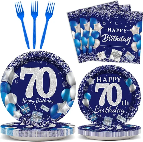 Miniatura 13 de 96 piezas de suministros para fiesta de cumpleaños número 50: platos azul marino y plateado, servilletas, tenedores y decoraciones de mesa para 24