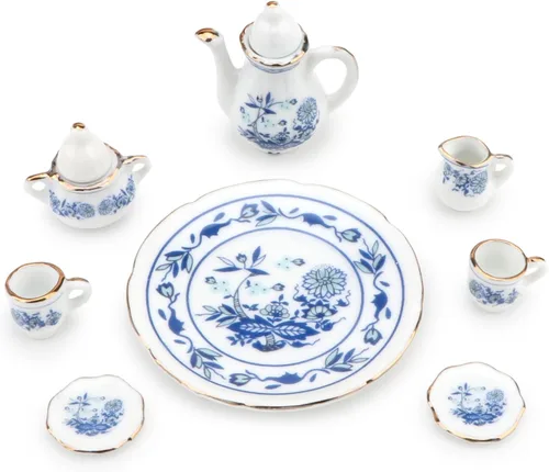 Miniatura 10 de Cutemini - Juego de tazas de té en miniatura de porcelana a escala 1:6, 8 piezas, con diseño de flores, tetera, plato y bandeja, suministros