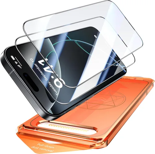 Miniatura 16 de Paquete de 2 protectores de pantalla para iPhone 15 Pro, dureza 9H, protector de pantalla de vidrio templado con kit de alineación automática
