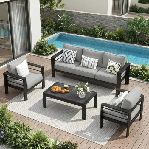 Miniatura 13 de Solaste Aluminum Patio Sofa with Coffee Table,3 PCS Patio Furniture Set with Cushions, All-Weather Outdoor Sofa for Balcony, Deck, Backyard, Porch