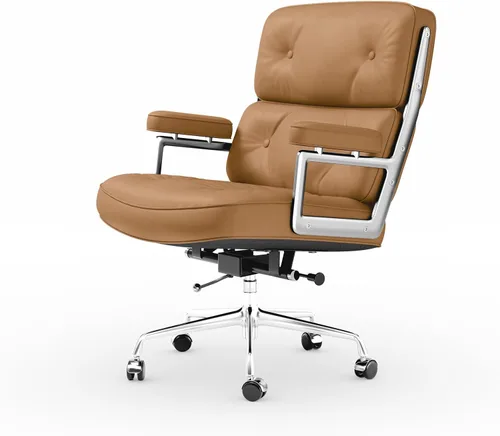 Silla de oficina de cuero genuino, sillas de escritorio ejecutivas con respaldo medio con brazos y ruedas de aluminio, silla giratoria de cuero de