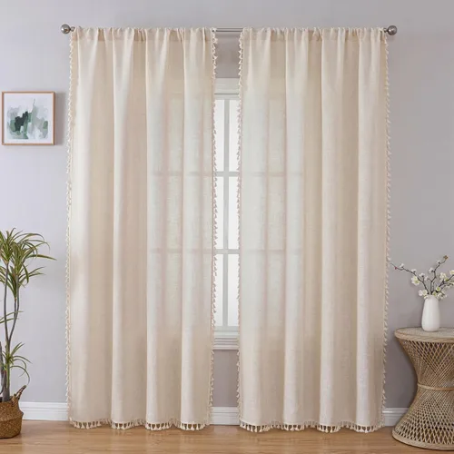 Miniatura 15 de Joydeco Cortinas Bohemias Beige de 63 Pulgadas de Largo 2 Paneles, Cortinas de Granja Bohemias Súper Suaves con Borlas, Cortinas Semitransparentes