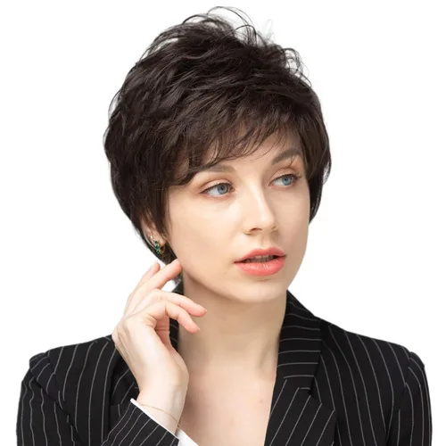 Miniatura 5 de EMMOR Pelucas Cortas Marrones para Mujeres Mezcla de Cabello Humano con Fibra de Memoria Saludable Corte Pixie, Peluca de Cabello Natural de Uso
