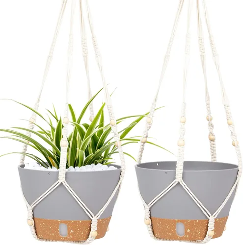 Miniatura 20 de Paquete de 2 macetas colgantes de riego automático de 7.2 pulgadas para plantas de interior y exterior, macetas colgantes de macramé de 34 pulgadas