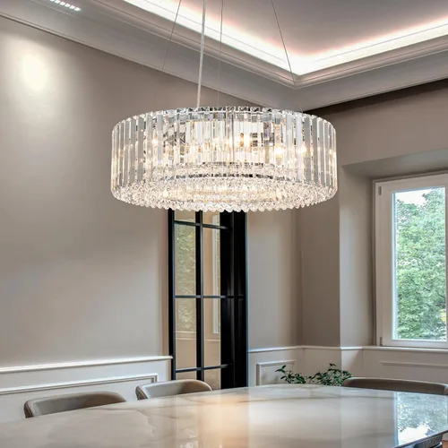 Miniatura 8 de Lingkai Candelabro de Cristal Moderno de 15.8" Cromado Redondo Semi Empotrado Luminaria de Techo Candelabro para Sala de Estar Comedor Dormitorio