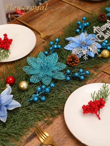 Miniatura 4 de Floweroyal 30 piezas Flores de Pascua Artificiales de Navidad Decoraciones con Clips y Tallos de Bayas Adornos con Purpurina para Árbol de Navidad