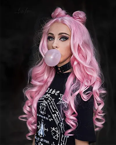 Miniatura 4 de IMSTYLE Peluca sintética larga y ondulada con encaje frontal rosa para mujer, línea capilar natural, para fiesta de cosplay, Halloween, resistente