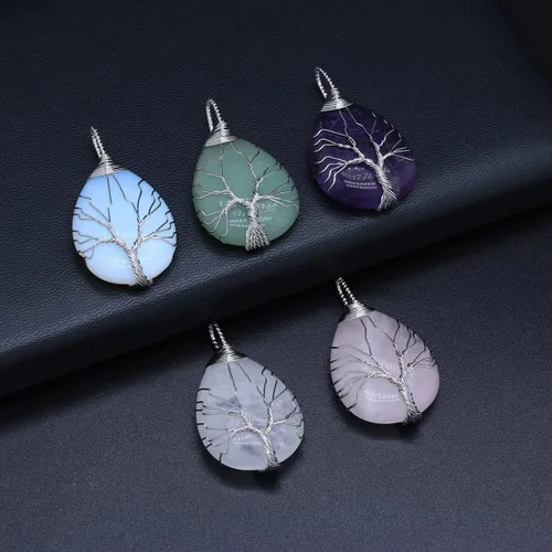 Miniatura 4 de 4 colgantes de piedra natural, forma de gota de agua, chakra, cristal, ágata, alambre de piedra, tejer, diseño de árbol de la vida, para hacer