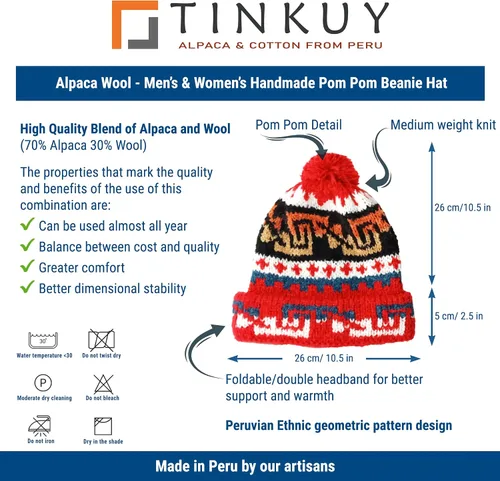 Miniatura 4 de TINKUY Peru - Gorro de invierno de lana de alpaca hecho a mano, unisex, talla única