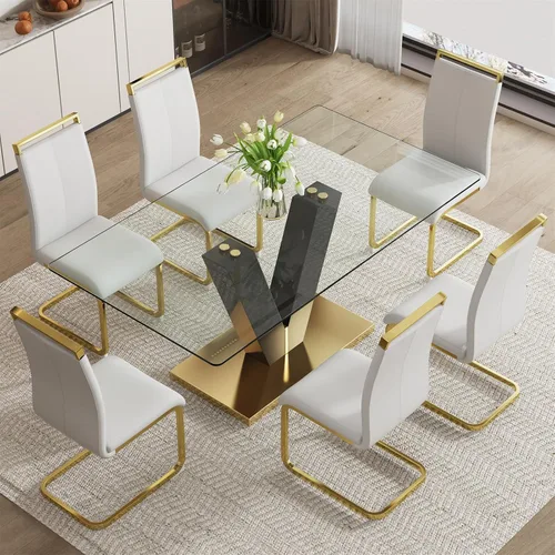 Miniatura 9 de Juego de mesa de comedor de vidrio de 71 pulgadas para 6, juego de mesa de comedor para 6, mesa de cocina moderna y 6 sillas de PU, parte superior 6