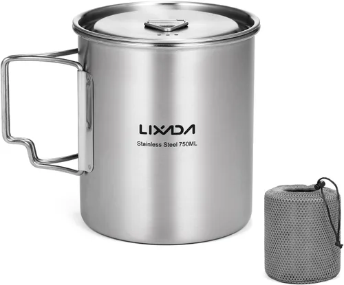 Miniatura 12 de LIXADA Taza para acampar, taza de agua de acero inoxidable de 25.4 fl oz con asas plegables y tapa para acampar al aire libre, senderismo, mochilero