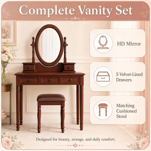 Miniatura 3 de Anwick Vintage Vanity Desk with Adjustable Angle Mirror, Wooden Dressing Table Set for Bedroom with Velvet Fabric Lining 5 Drawers, Girls Vanity Set