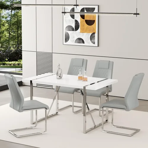 Miniatura 19 de Juego de mesa de comedor moderna de 55 pulgadas para 4, mesa de comedor negra y marco de metal dorado, mesa de comedor rectangular con 4 sillas