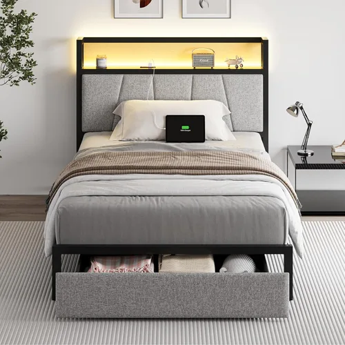 Miniatura 13 de Cikunasi Base de cama tamaño Queen con cabecero y almacenamiento, base de cama con plataforma de cajones con estación de carga y luz LED, Gris