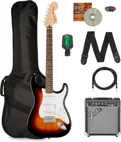Fender Squier Affinity Stratocaster - Paquete 3-Color Sunburst con Amplificador Frontman 10G, funda, afinador, cable de instrumento, correa, púas y
