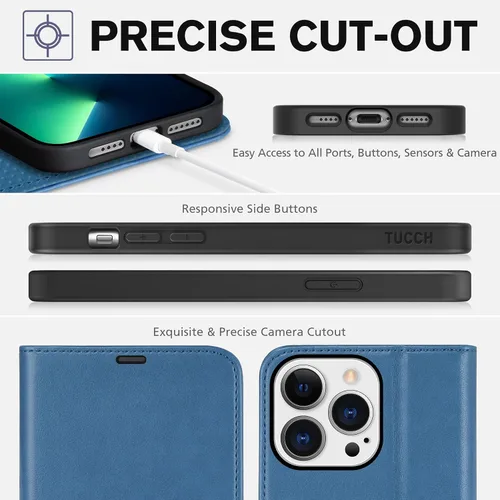 Miniatura 8 de TUCCH Funda tipo cartera para iPhone 13 Pro Max, con bloqueo RFID, ranura para tarjetas y soporte [funda interior de TPU a prueba de impactos], Azul