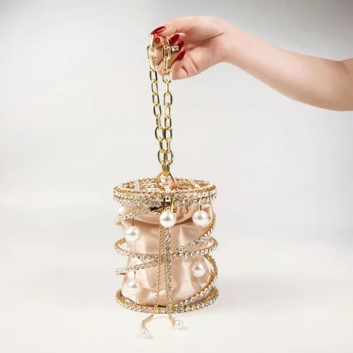 Miniatura 7 de Bolso bandolera metálico de lujo con diamantes de imitación para mujer, diseño de cadena de perlas 2025, ideal para vacaciones, fiestas, bodas
