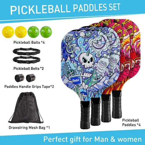 Miniatura 7 de Pickleball Paddles Set of 4 for Beginners Men Women Adults Patrón de calavera ornamentado