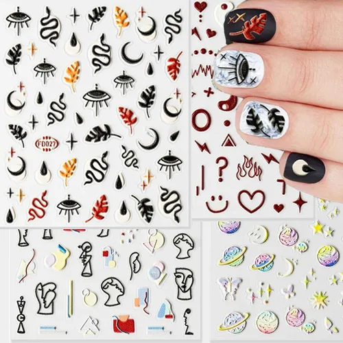 Miniatura 9 de 12 hojas de calcomanías de graffiti para arte de uñas, 3D, blanco, negro, dorado, rayas, líneas, autoadhesivas, abstractas, mármol, ola, flores