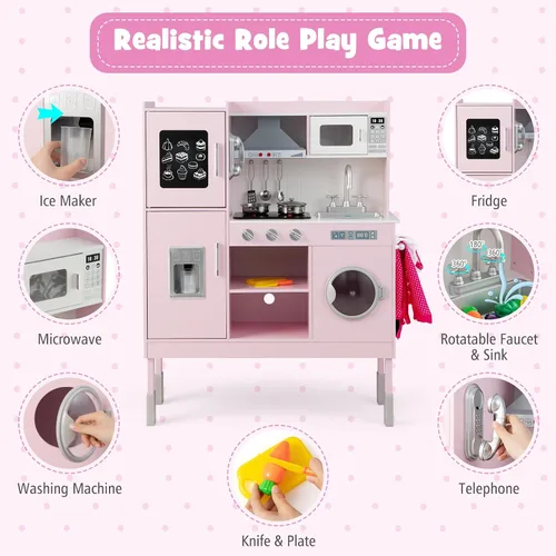 Miniatura 2 de HONEY JOY Juego de cocina para niños, cocina de madera para niños pequeños, microondas, utensilios de cocina, lavadora, campana extractora, pizarra