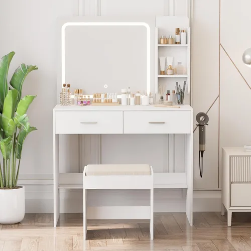 Miniatura 2 de Tocador de maquillaje con espejo iluminado y toma de corriente – 2 estantes, 2 cajones, almacenamiento inferior – Viene con taburete tapizado