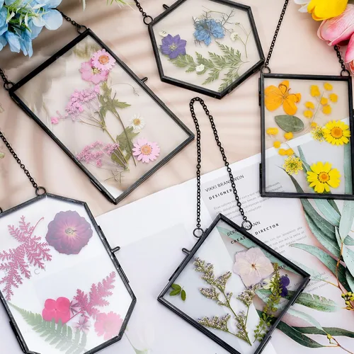 Miniatura 5 de Bucherry Marco de vidrio para bricolaje, arte de flores prensadas, marco de fotos colgante de latón con cadena y 6 estilos de flores prensadas