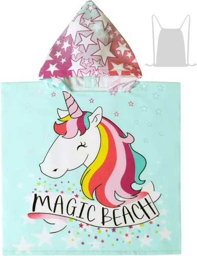 Toalla de playa con capucha de unicornio para niñas de 1 a 5 años, toalla de poncho para piscina y baño, con bolsa portátil (unicornio mágico)