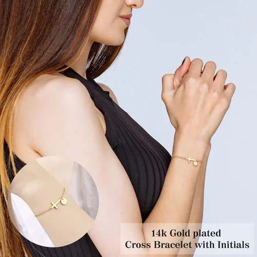 Miniatura 5 de Pulsera de cruz para mujer, delicada pulsera de cruz con iniciales, pulseras de cadena de eslabones dorados, regalos cristianos para mujeres