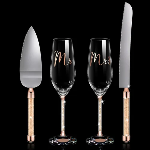 Miniatura 3 de Boao Juego de 4 cuchillos para tartas de boda y copas de champán para servir de señor y señora para tostar, juego de corte de pastel de cristal