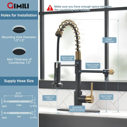 Miniatura 2 de GIMILI Grifo de agua potable negro y dorado 3 en 1 estilo comercial desplegable con filtro de una sola manija para sistema de filtración de agua