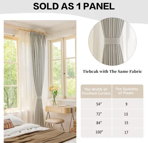 Miniatura 4 de HUTO Cortina plisada opaca completa con alzapaños, cortina de lino sintético extra ancha para patio, dormitorio, sala de estar, abedul blanco, 84