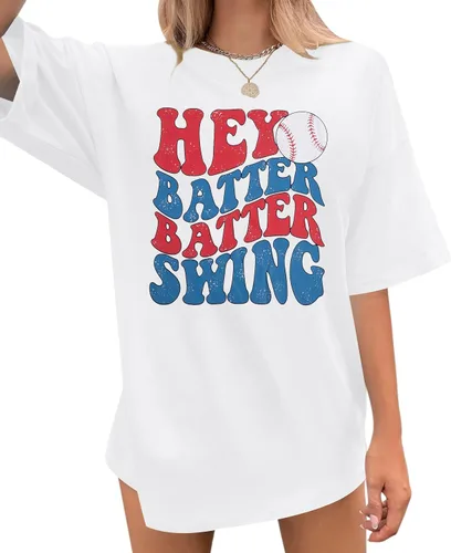 Miniatura 19 de Camiseta de béisbol para mujer, camisetas de béisbol de gran tamaño Hey Batter Batter Swing Graphic Tee Ballpark Gift Tops de manga corta