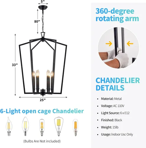 Miniatura 2 de Vezzio - Lámpara de araña negra para entrada o vestíbulo, lámpara industrial de 25 pulgadas, 6 luces, grande, ajustable, regulable, para techo alto