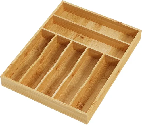 BAMEOS Organizador de cubiertos de bambú 16.5 × 12.8 – Bandeja de cubiertos para cajones de cocina pequeños, soporte de cubiertos de 2 pulgadas de